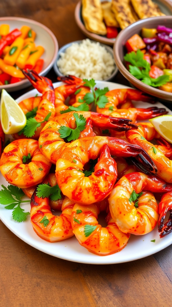 A plate of spicy grilled shrimp with cilantro and lime, served with vegetables and rice.